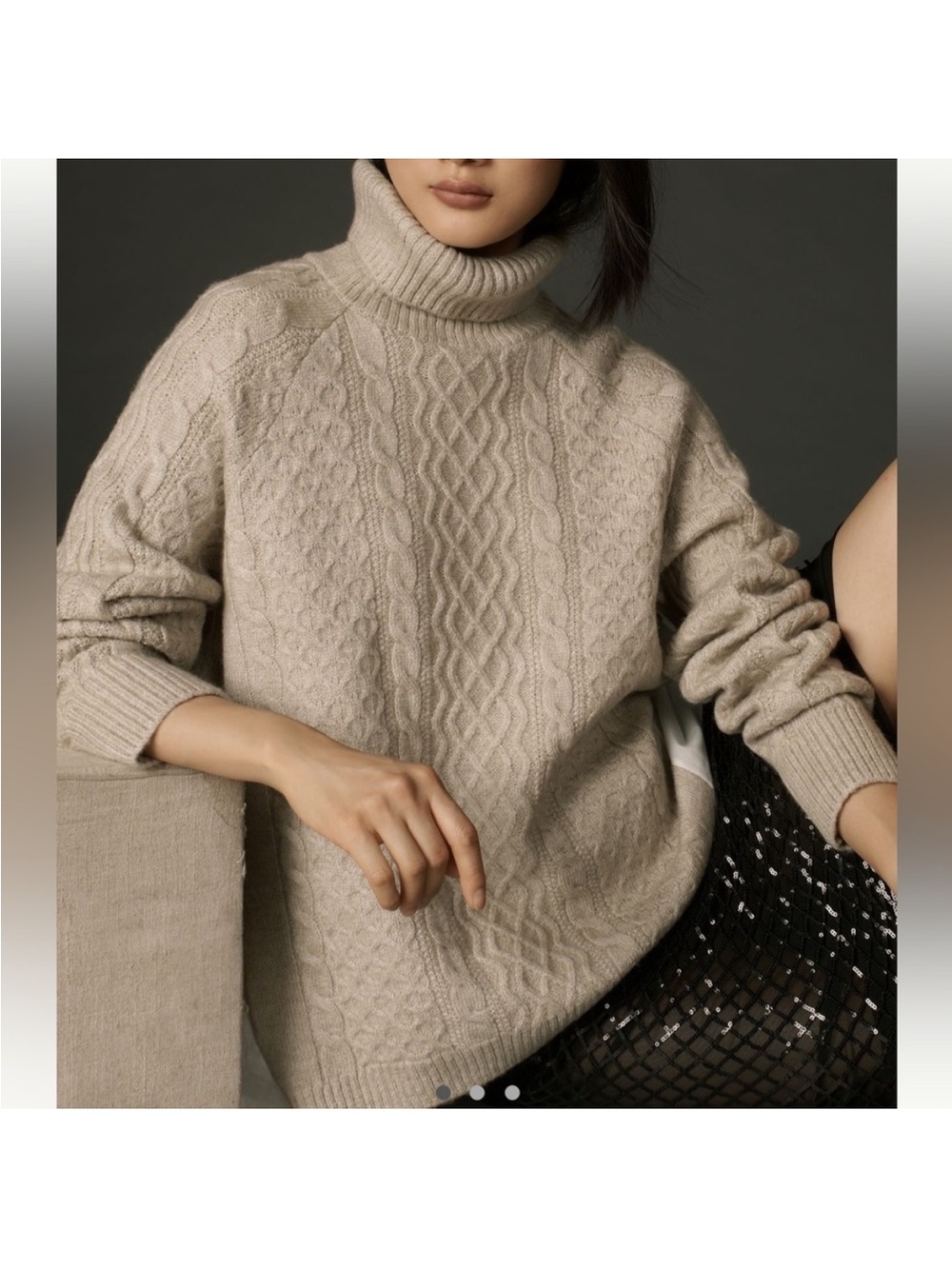 By Anthropologie Mixed Media Turtleneck Cable Sweater Women's Small Beige White